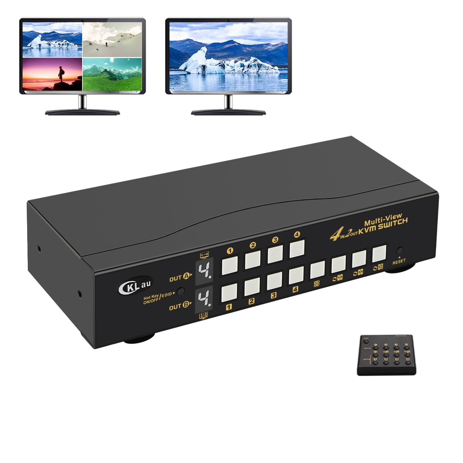CKLau 4 Port HDMI Split Multi-View KVM Switch Dual Monitor with Cables - Supports Single, Dual, Quad Screen Modes - Split & PIP Function, Hotkey Switching