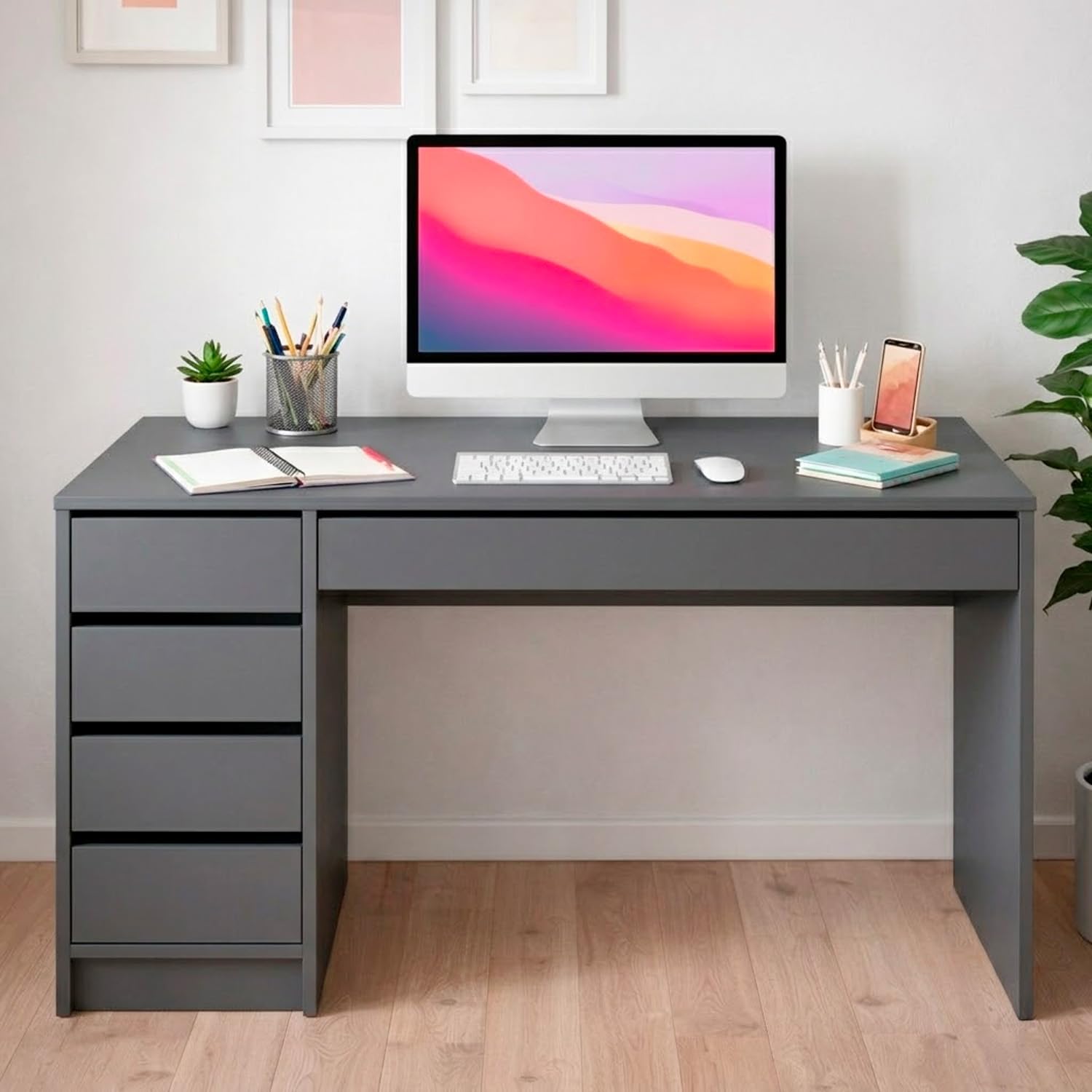 Bricozone Scrivania Moderna 120 Cm Con 4 Cassetti E Cassettone Centrale Design Senza Maniglie Montaggio Reversibile Per Ufficio Studio E Smart Working Struttura Resistente 120x75x55 Cm (Antracite)