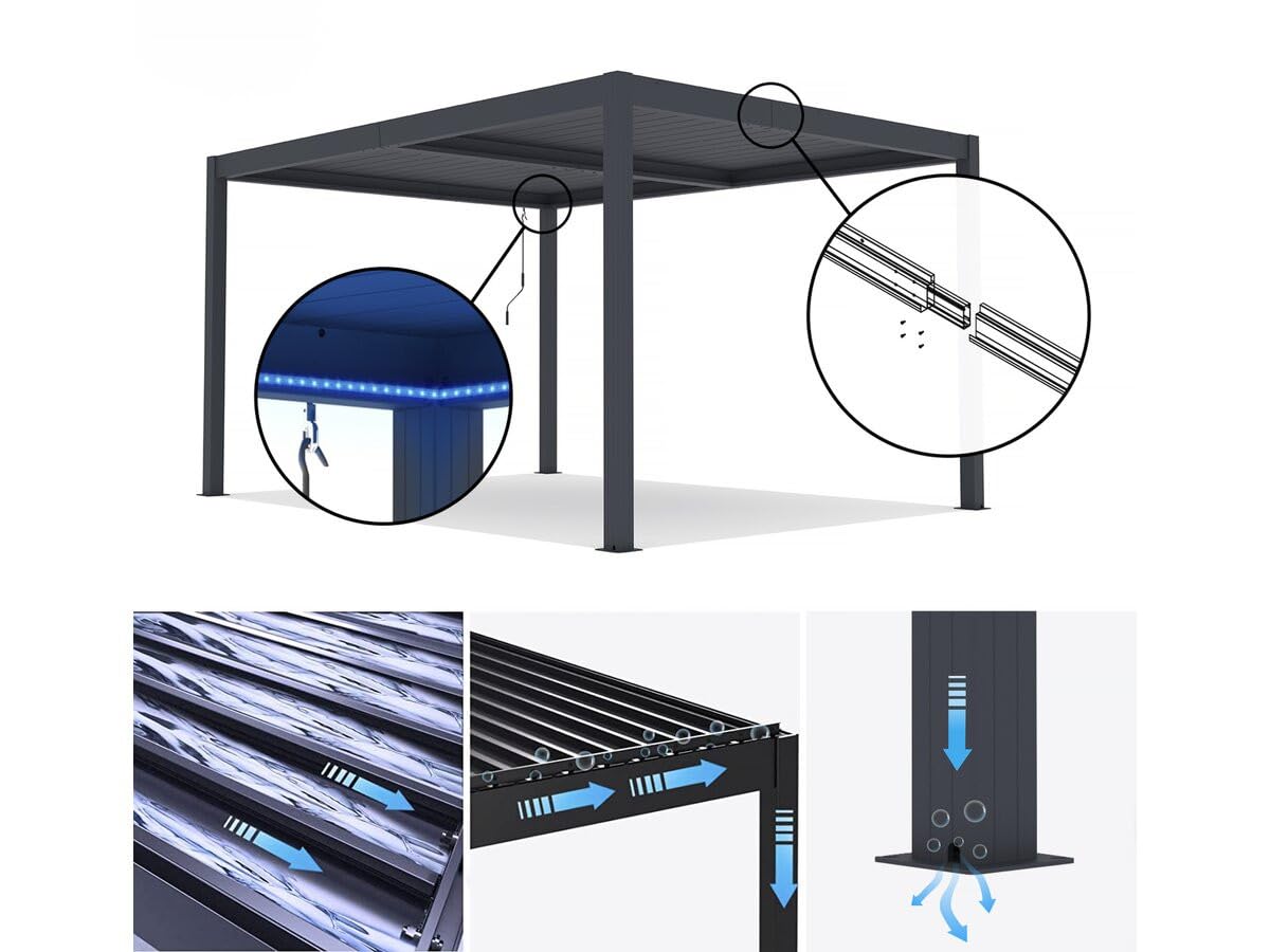 Pergola bioclimatique avec LED Windsor Premium en Aluminium 3 x 4 - Gris