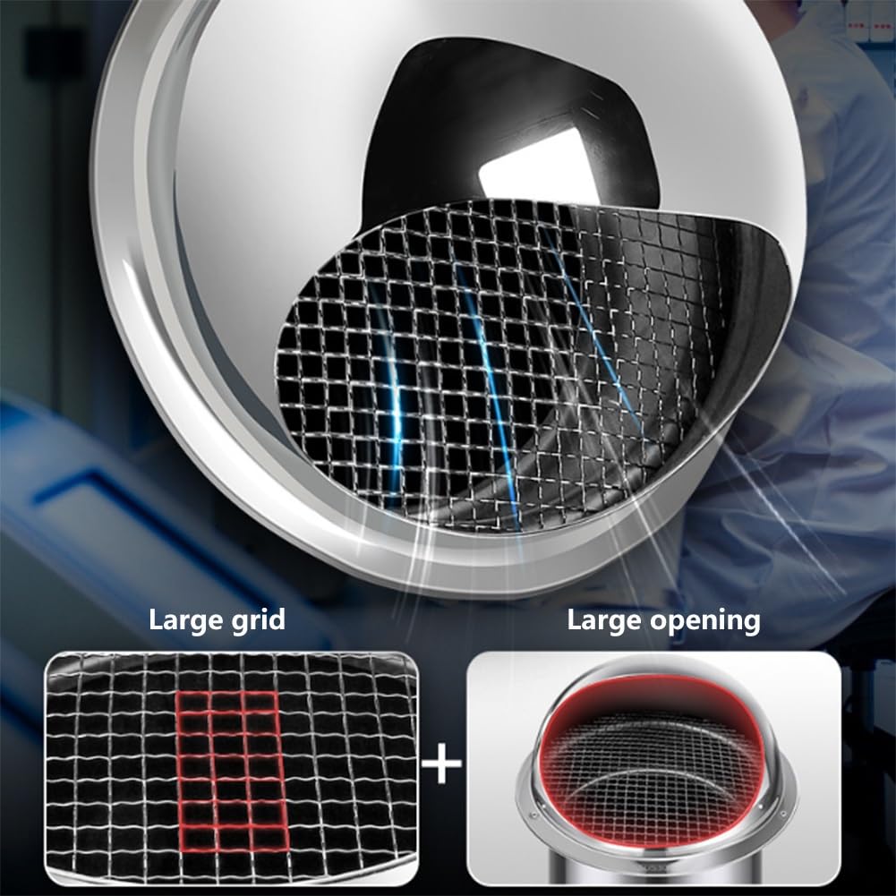 Griglia Ventilazione in Acciaio Inox con Rete | 150-200 mm Griglia per L'aria di Scarico da Parete, Scarico Rapido, per Cucina, Cappa Aspirante, Bagno(200mm/8in)