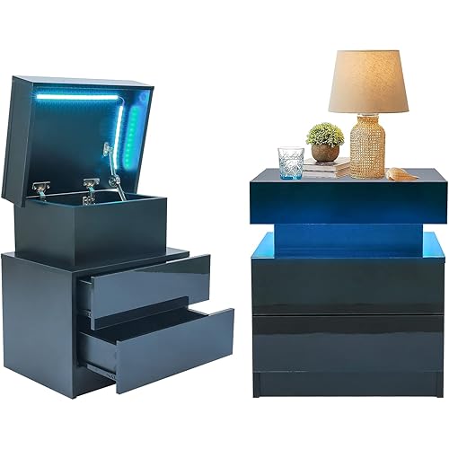 LED Nightstand with 2 Drawers, Bedside Table with High Gloss Drawers for Bedroom Furniture,Bed Side Table with Flip-Top Hidden Storage Space, Modern Black Nightstand for Small Space (Black)