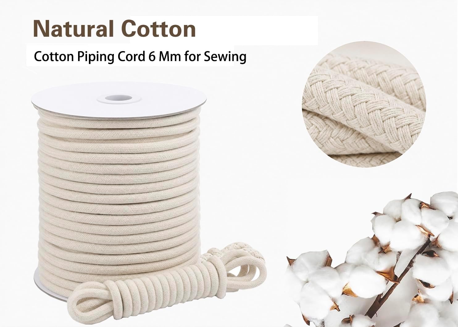 1/4" Cotton Piping Cord 6mm Natural Drawstring Cords | 46 YDs,Piping Cord for Sewing for Pillows,Bags and Other Soft Welt Applications