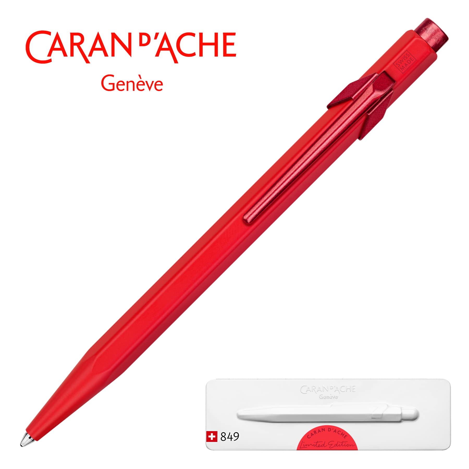 Caran D'Ache 849 Kugelschreiber - Farbe Granatrot, Mit Druckmechanismus, Inkl. Blauer Goliath-Patrone