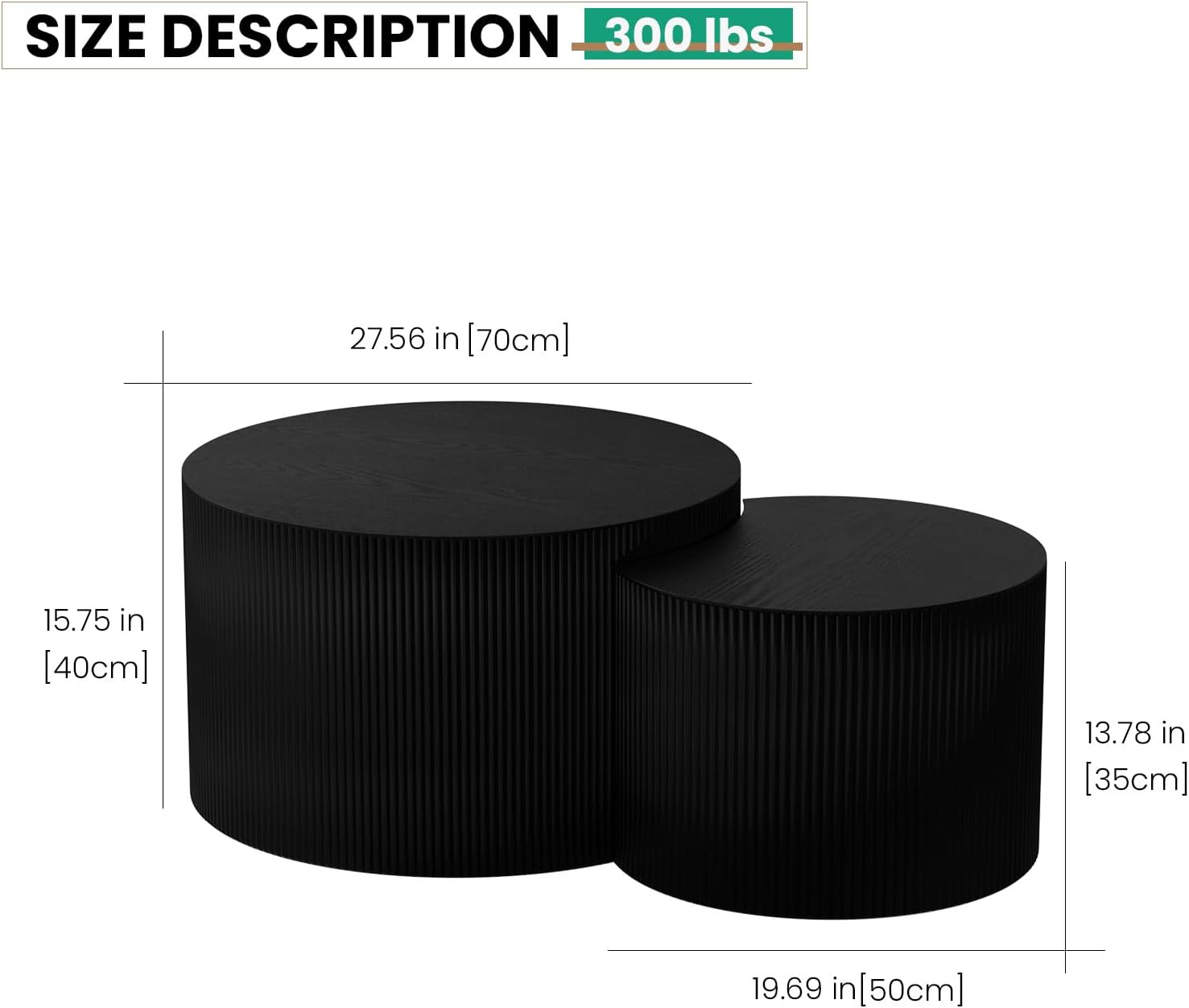 Round Nesting Coffee Table Modern Fluted Coffee Tables Set of 2 Wood Circle Drum Center Table Crescent Side Accent End Tables for Living Room No Assembly (D Black Large)