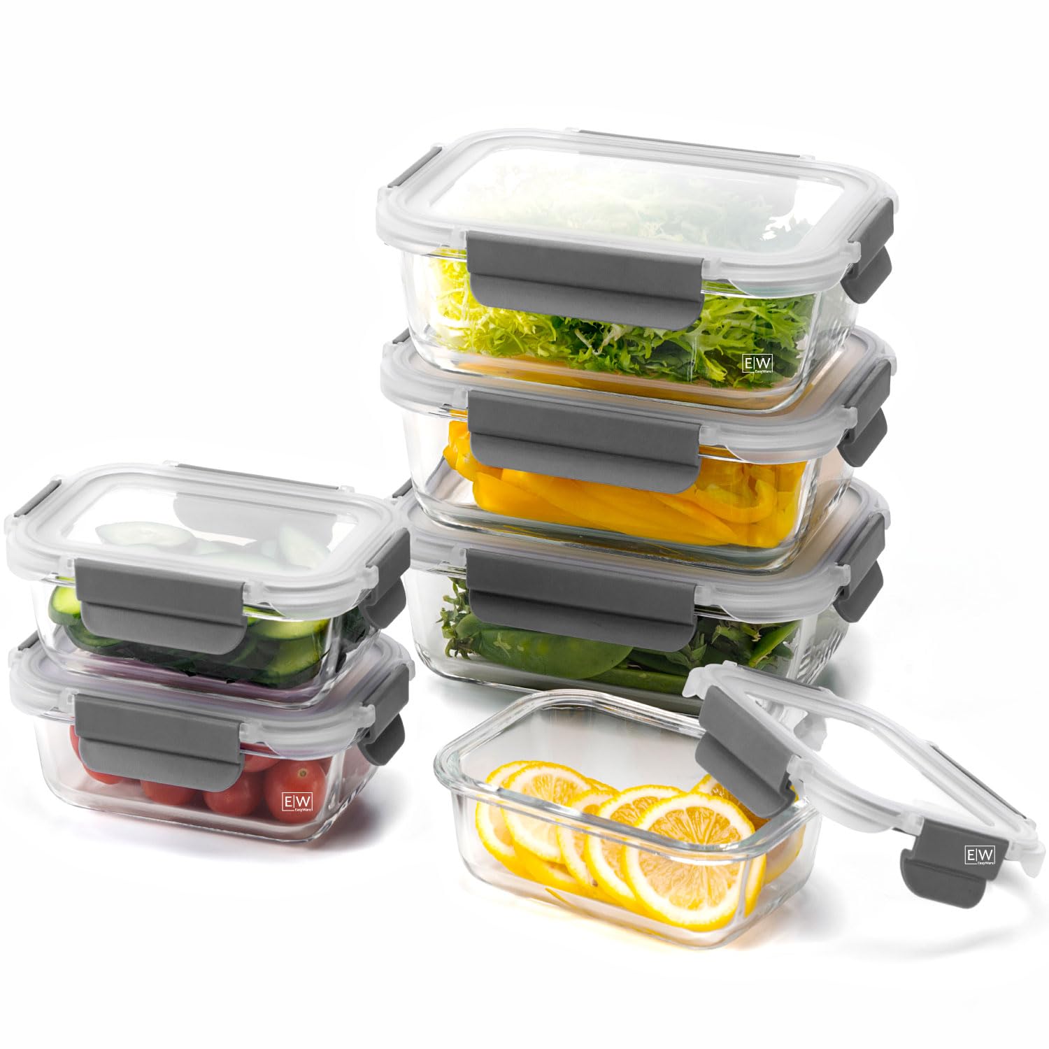 EasyWare - Juego de 12 piezas - 6 RECIPIENTES de VIDRIO GRUESO para alimentos I CONTENEDORES HERMÉTICOS I A prueba de fugas I BPA FREE I Cierra Fácil I Cocina, Refrigerador, Congelador, Hornos