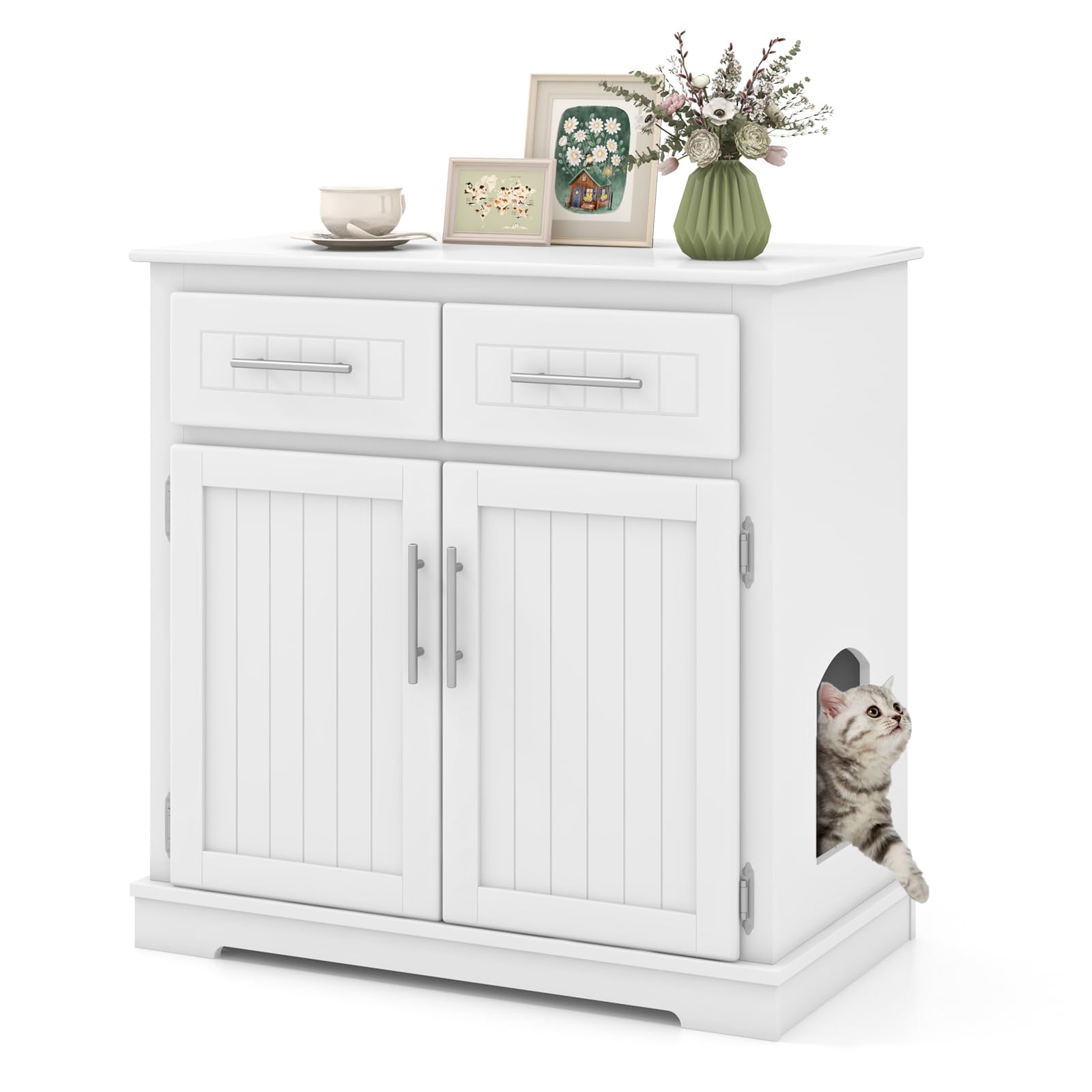 GYMAX Mueble para Arena de Gatos, Casa para Gatos de Madera con Armario de 2 Puertas y 2 Cajones, Camita para Gatos con Dispositivos Antivuelco para Entrada y Salón, 80 x 45 x 80 cm, Blanco