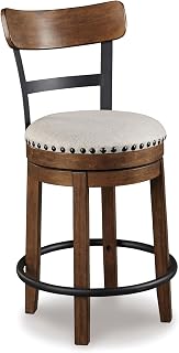 Signature Design by Ashley Valebeck Counter Height Bar Stool, Brown | Rustic-industrial wood and metal stool, Cushioned comfort, Tailored nailhead trim, Smooth 360-degree swivel