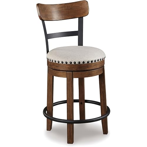 Signature Design by Ashley Valebeck Swivel Barstool With Back, Rustic-Industrial Wood and Metal, 360-Degree Swivel Counter Height Stool for Kitchen Island Seating, Linen Color
