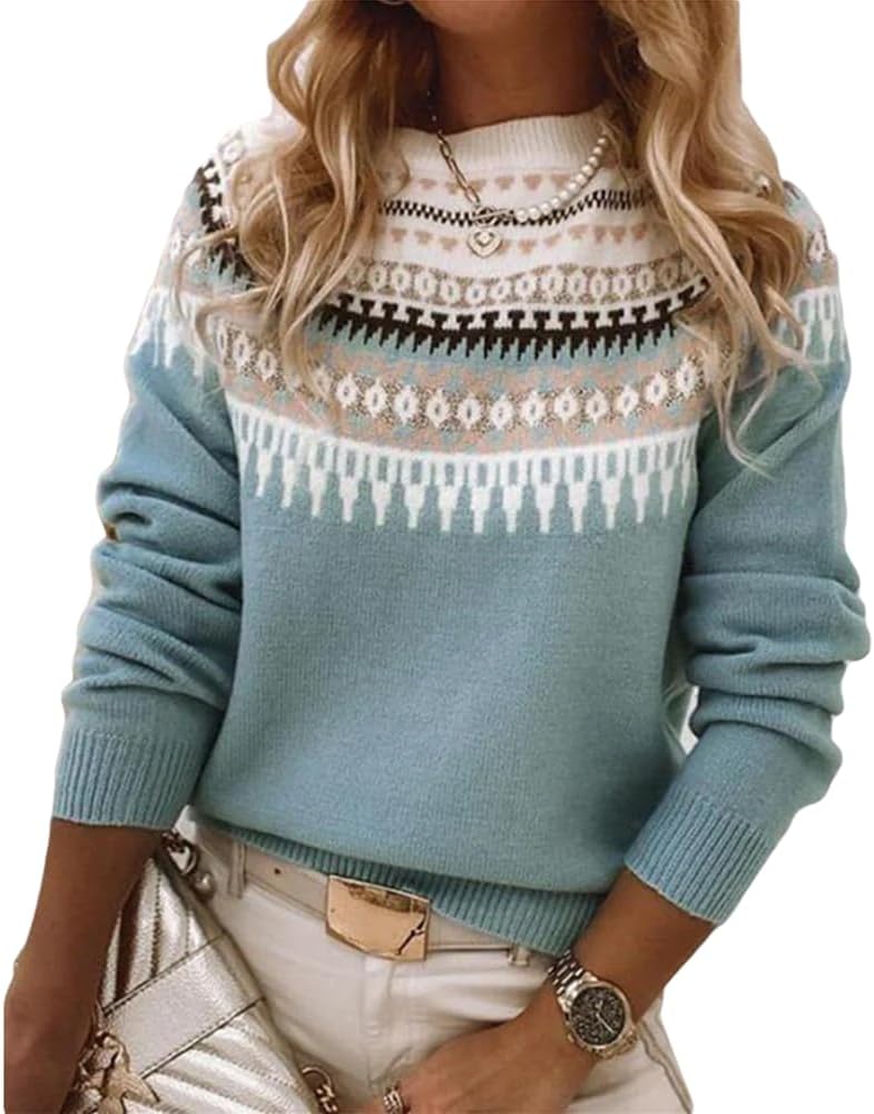 Womens Vintage Fair Isle Knit Sweater 2024 Fall Casual Loose Long Sleeve Crewneck Chunky Knitted Pullover Tops