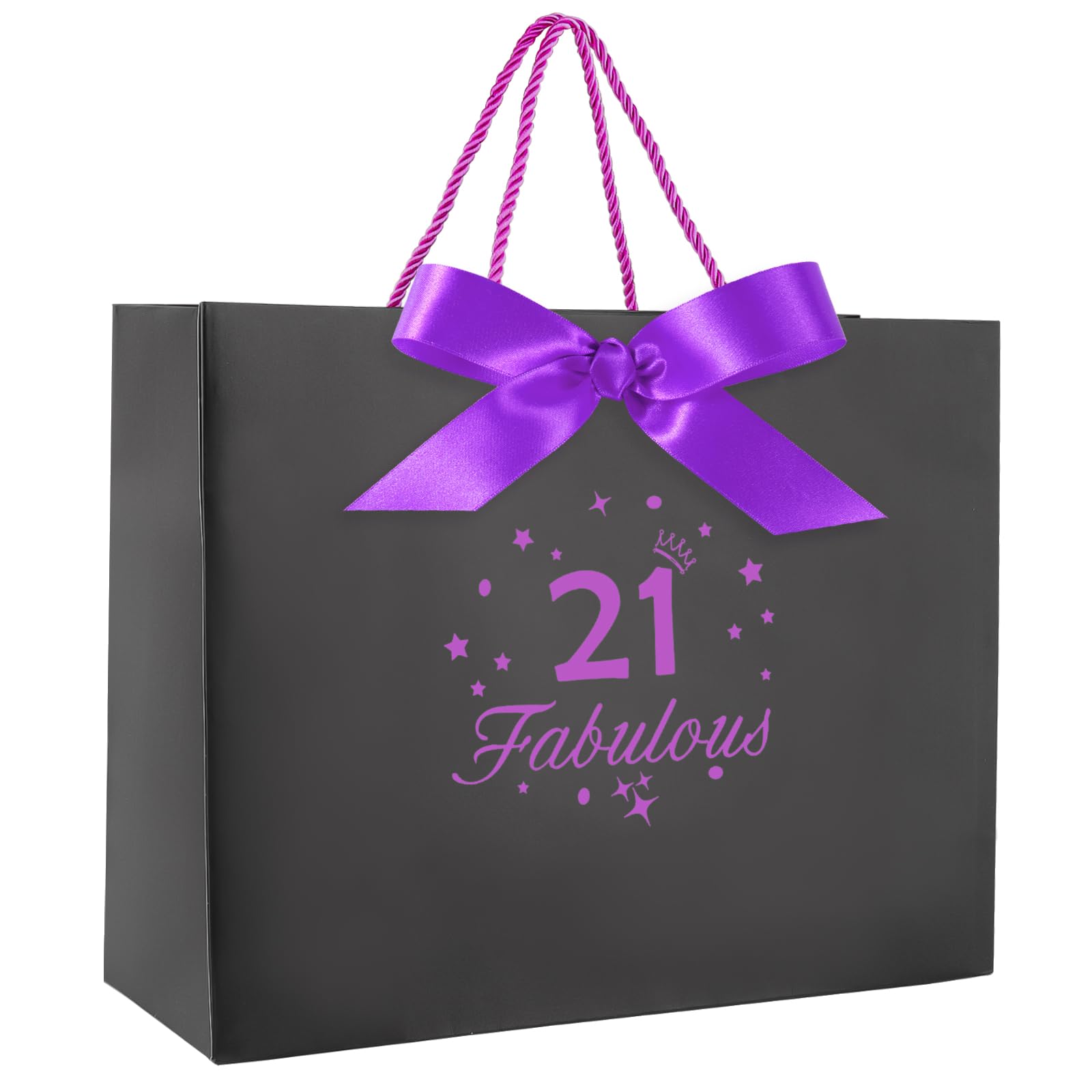 Yiran 21 Fabulous Birthday Gift Bag with Handles and Ribbon, Black Gift Wrapping Paper Bags for 21 Year Old Gilrs Birthday Party Decorations Supplies