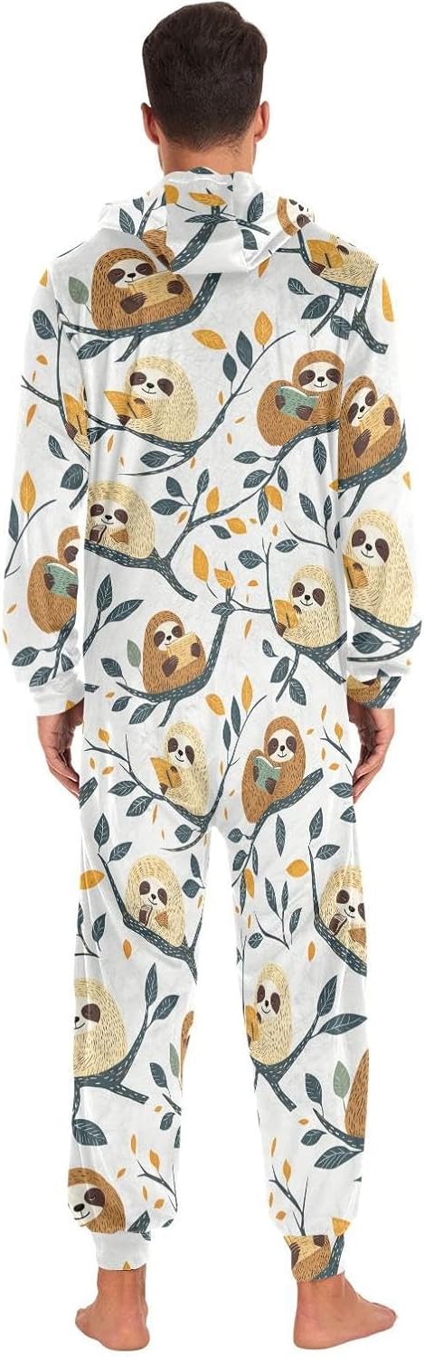ZZKKO Sloths Branch Leaf Adult Onesie Pajamas for Women Men Cozy One Piece Pajamas Costume Zip-Up Hooded S-XL