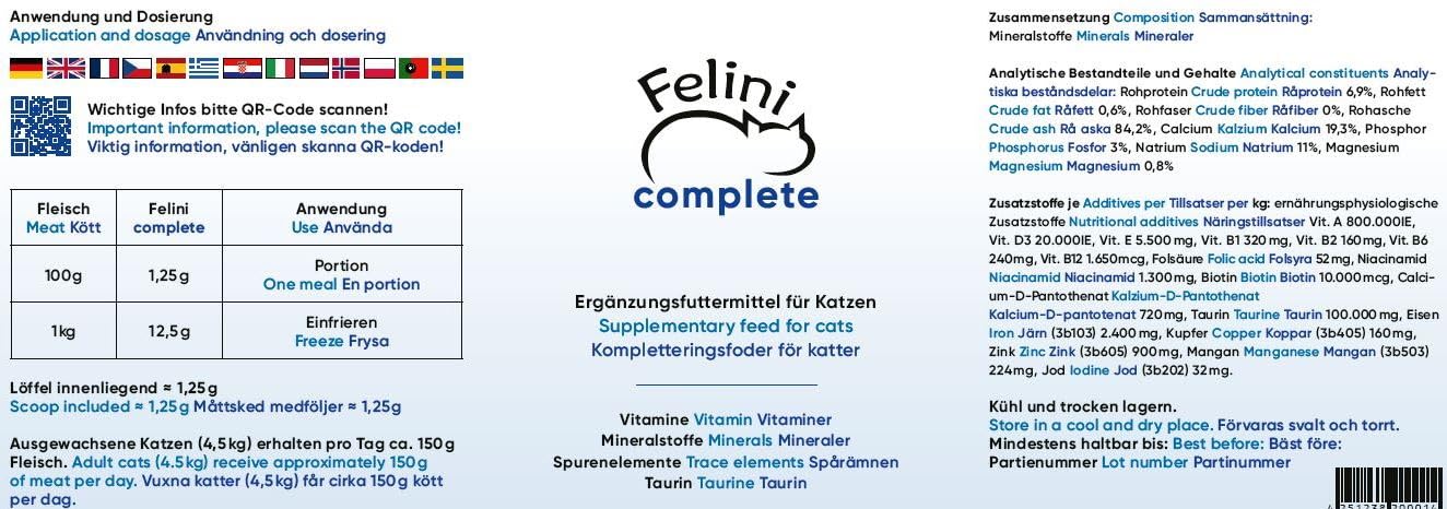 Felini Complete 250g - Ergänzungsfuttermittel für Katzen | Vitamine & Mineralstoffe, Mit Taurin, Für rohes und gekochtes Fleisch, Allergikerfutter geeignet, Frei von Füllstoffen