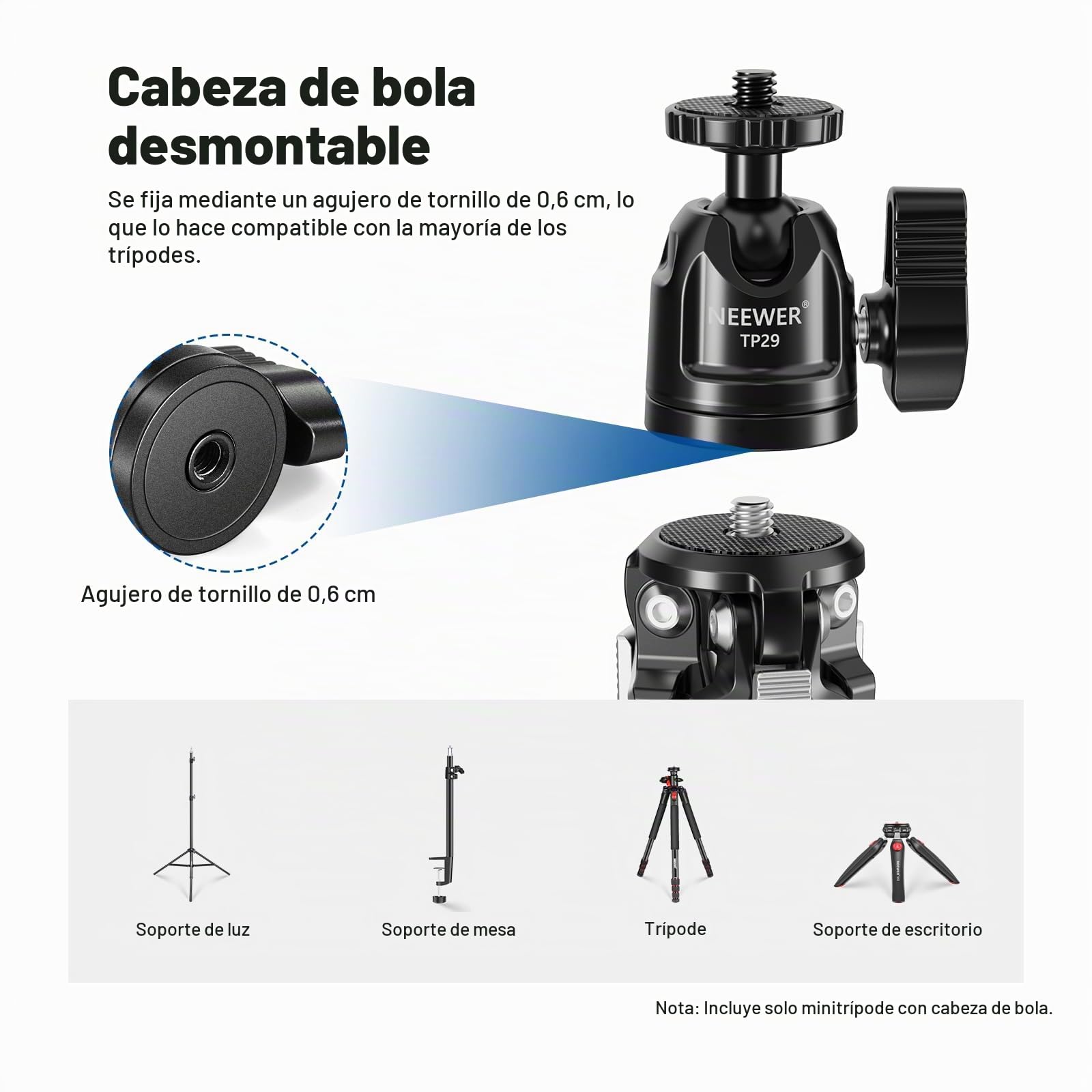 NEEWER Metal Mini Trípode con 360°Cabezal Bola Sobremesa, Soporte de Toma Vertical y Mango, Soporte de Trípode Viaje Portátil con Tornillo 1/4" para Cámara Móvil Acción CAM, Carga Máx 6,6lb/3kg, TP29