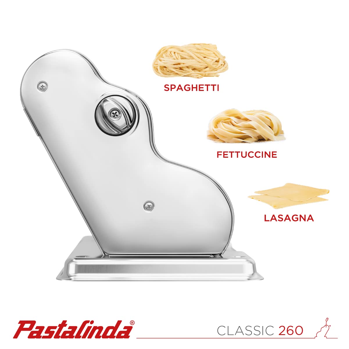 PASTALINDA Nudelmaschine Classic 260, 26 cm breite Walzen, 9 Stärkepositionen, 2 Schnittpositionen, Edelstahl Inklusive verstärkter Handkurbel und zwei Klemmen (Chrom)
