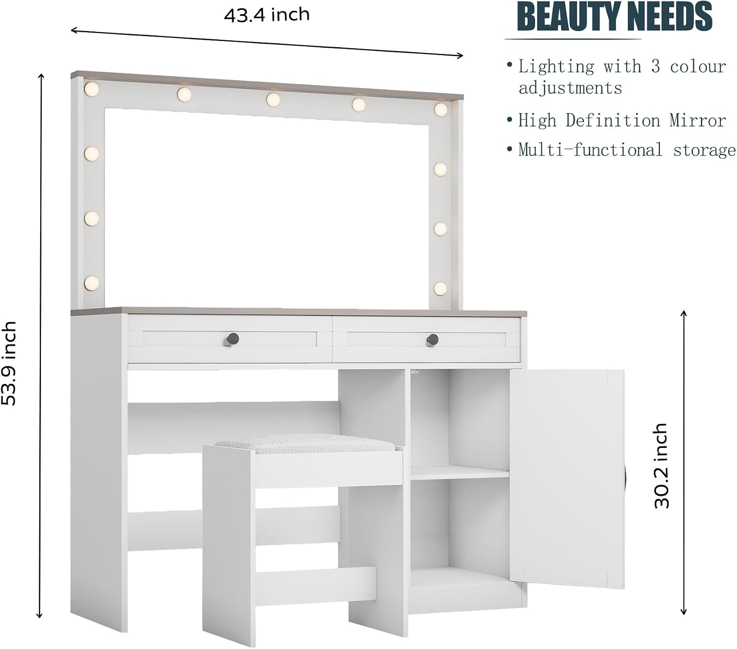 43.4" Vanity Desk with Drawers & Mirror with Lights, with Drawers & Cabinet 3 Shelves Lots Storage for Stylish Bedroom (White)