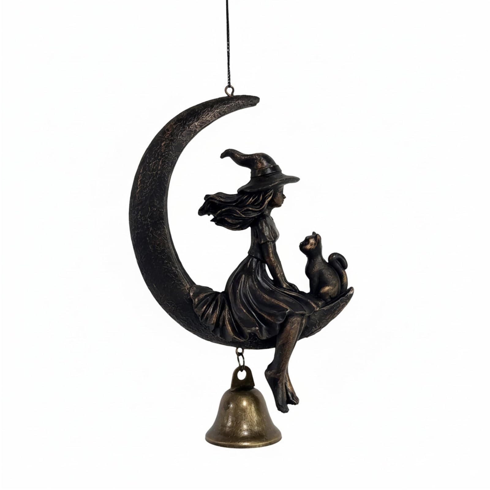 Halloween Witch Decor - Witch & Black Cat Moon Wind Chime, Handcrafted Resin Gothic Crescent Moon Vintage Hanging Ornament, Soothing Wind Bells for Garden Patio Porch Decor (1Pc)