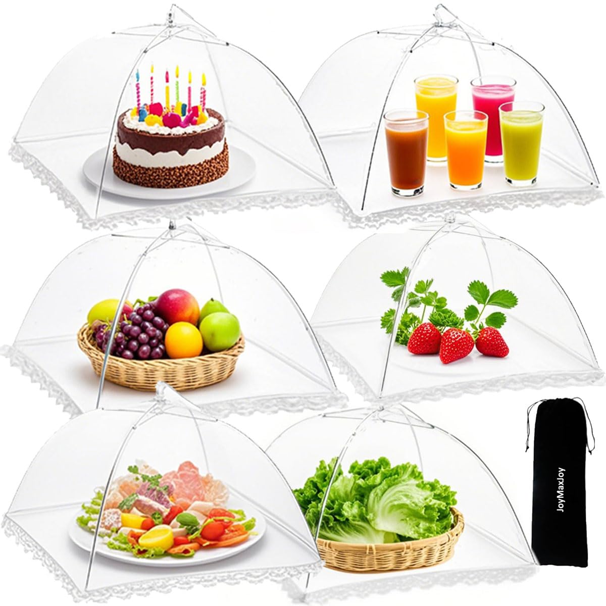 6PCS Mesh Food Covers, 17 Inch Pop Up Food Umbrella Tent Covers with Carry Bag, Fruit Cake Net Domes for Outdoors, Screen Tents, Parties Picnics, BBQs, Reusable and Collapsible(White)