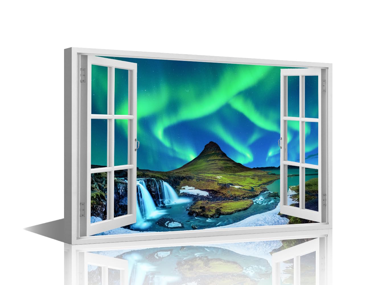 TISHIRON Nature Landscape Canvas Wall Art 3D Window View Paintings Aurora Borealis Prints on Canvas Modern Artwork Pictures for Living Room Bedroom Giclee Framed Ready to Hang, 36x24in