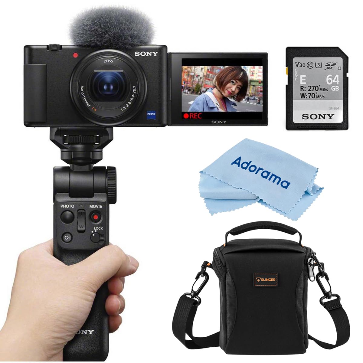 Sony ZV-1 Compact 4K HD Camera, Black, Bundle with GP-VPT3 Wireless Shooting Grip Tripod with Remote Shoulder Bag