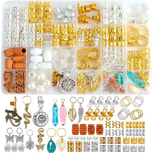 Coriario 200 Pcs Gold Silver Hair Charms for Braids Hair Jewelry Accessories Loc Jewelry Rings Cuffs Beads Gems Pendants Decorations for Women Men Braids Locs Dread