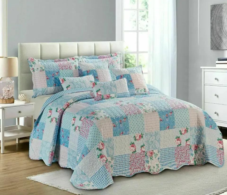 Online Bedding Quilted Patchwork Bedspread - Hypoallergenic, Machine Washable Duvet & Pillowcases Bedding Set (Floral Blue, King)