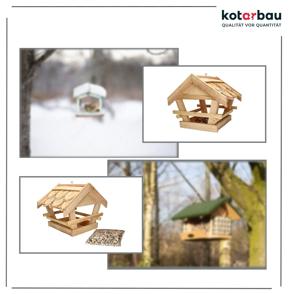 KOTARBAU® Mangiatoia per uccelli in legno con assicella coperta da appendere + fodera da 0,5 kg