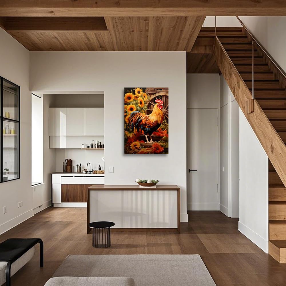 CGXLB ルースター ウォールアート 秋の雄鶏の絵 ひまわり 鶏の絵 素朴な農家の装飾 キッチン ダイニングルーム カントリーホー