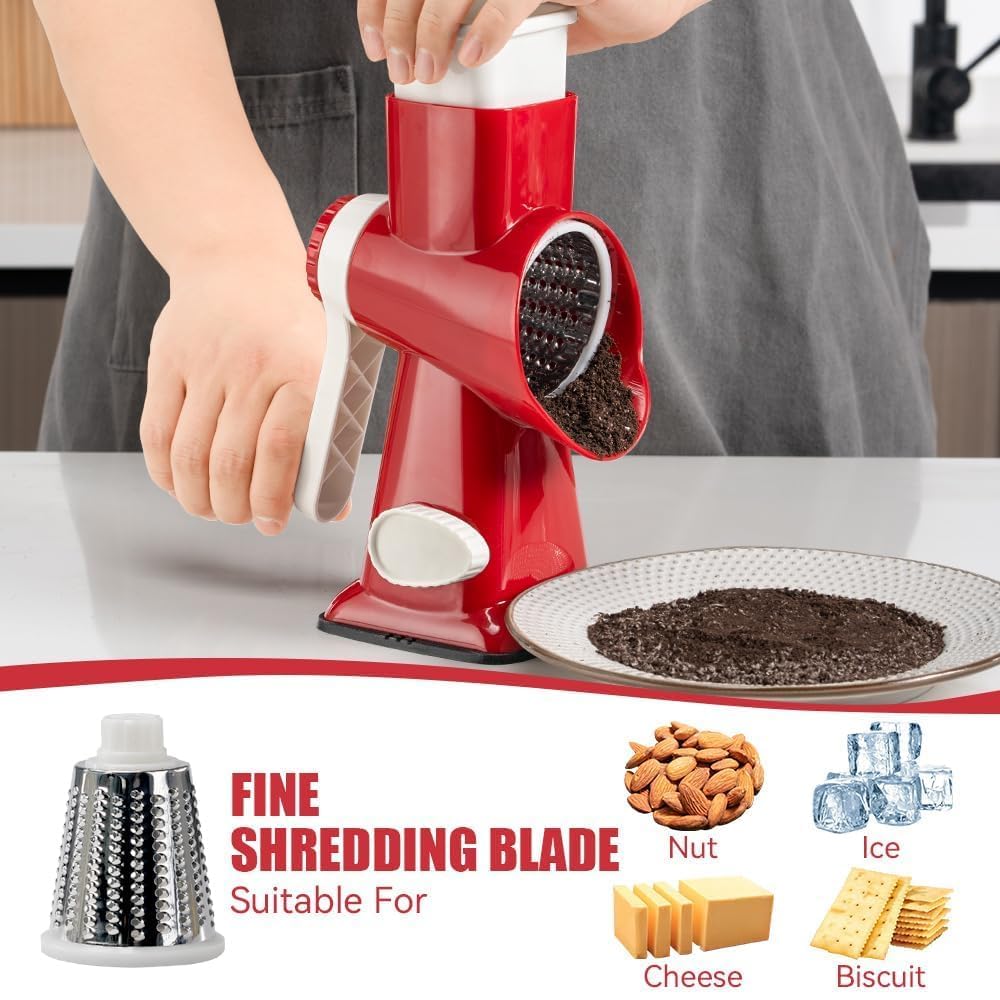KEOUKE Rallador giratorio de queso con manivela roja – Trituradora de 3 cuchillas de acero inoxidable, succión estable, mango que ahorra trabajo, herramienta de cocina segura para queso, verduras