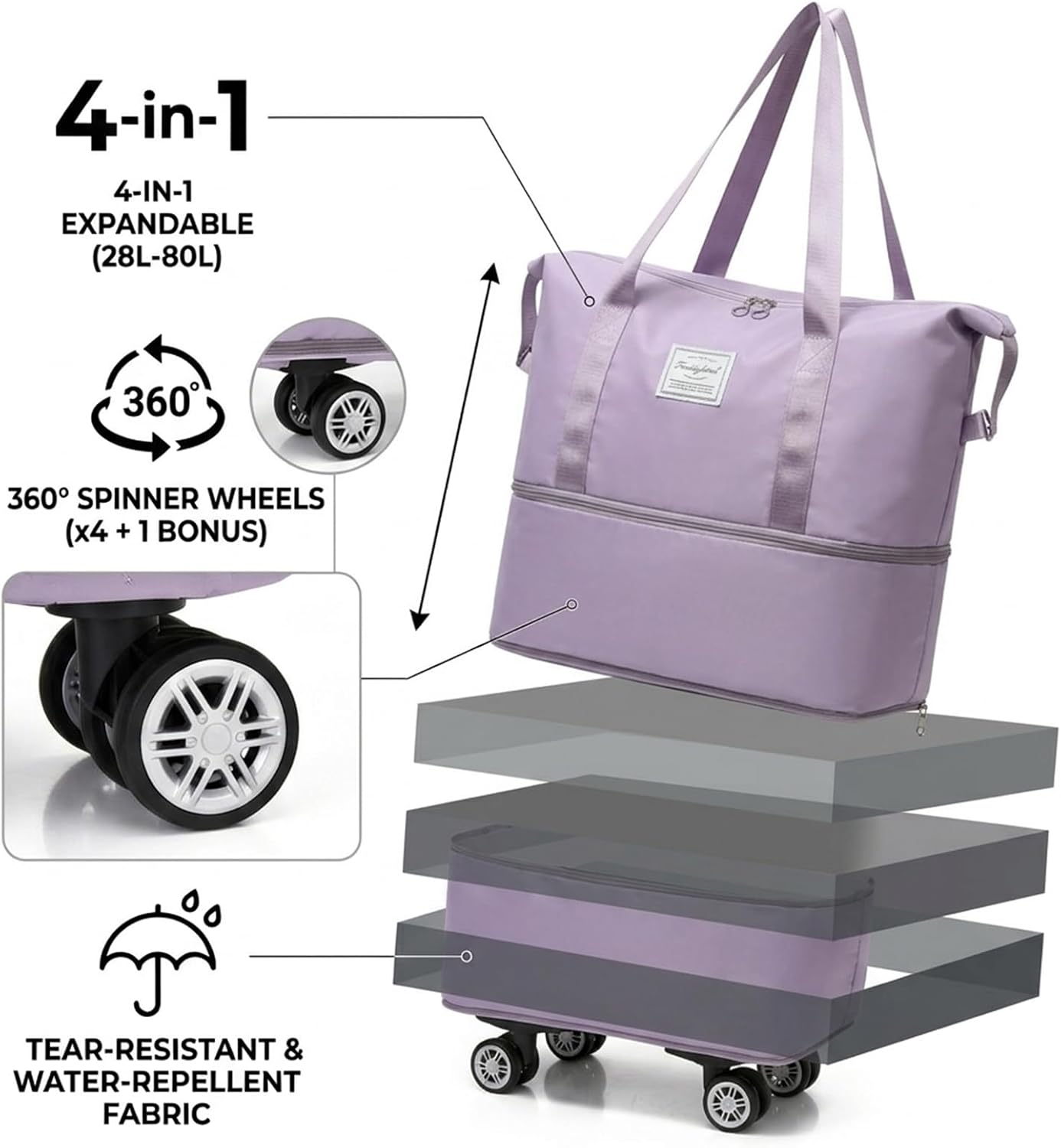 4-in-1 Expandable Rolling Duffel Bag with Detachable Wheels, 28L-80L Collapsible Luggage with Bonus Spare Wheel, Foldable Travel Trolley for Carry-On, Weekend, Shopping & Moving (Light Purple) image 5