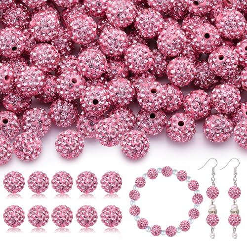 105pcs 10mm Rhinestone Beads for Jewelry Making, Dark Pink Shiny Round Disco Ball Beads Bulk, Sparkle Crystal Clay Christmas for Bracelet Baseball Necklace Earring Crafting and DIY