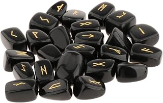 misppro Paquete de 25 runas naturales pulidas de 20 a 25 mm, símbolos grabados de brujería, piedras preciosas de cristal, meditación, adivinación, regalos de cumpleaños, coleccionables, color negro