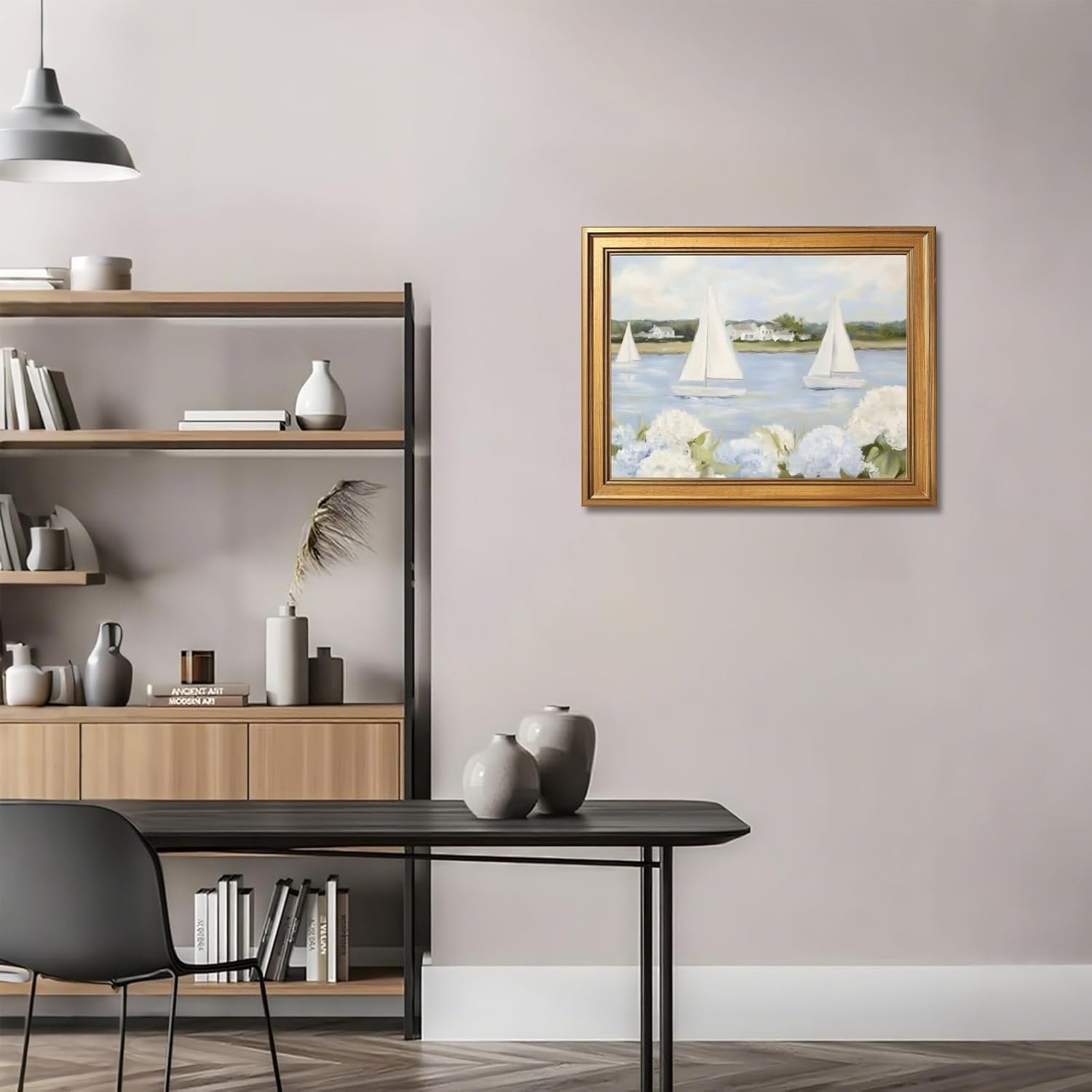 Licpach Grandmillennial Preppy Coastal Wall Art Nautical Sailboat Blue White Floral Canvas Print Vintage Seaside Beachy Cottagecore Decor Posters forBathroom Bedroom Aesthetic 16X24inch Golden Frame