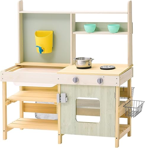 VEVOR Cocina de barro para niños, juego de cocina de juguete de madera, juego de tienda de comestibles al aire libre, cocina de juego de simulación