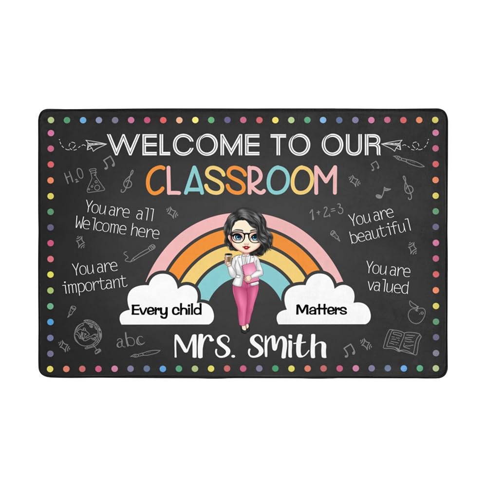 Personalized Cartoon Teacher Door Mat of Welcome to Our Classroom, Non-Slip Custom Door Mats for Front Door with Name Teacher's Day Gift
