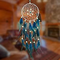 AWLEE Blue Dreamcatcher Handmade with Luminous Beads & Natural Feathers - Native American Style Wall Hanging for Kids Bedroom Decor