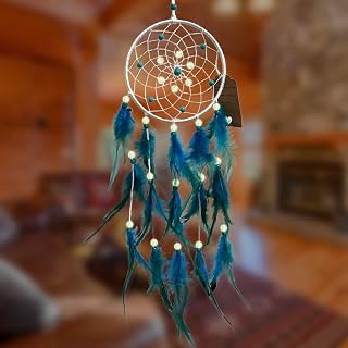 AWLEE Blue Dreamcatcher Handmade with Luminous Beads & Natural Feathers - Native American Style Wall Hanging for Kids Bedroom Decor