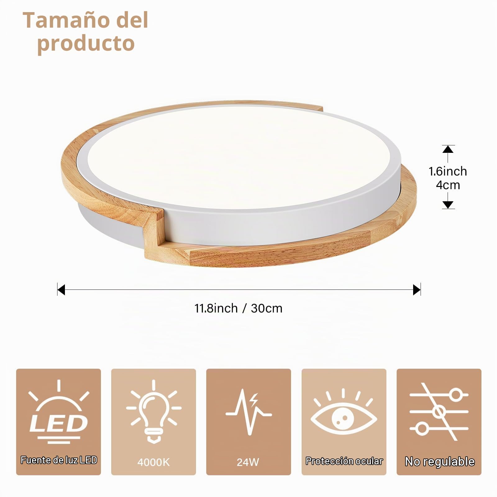 WOKNOS 24W 2650LM 4000K Plafón LED Redondo de Madera, Plafón Blanco 30cm,Dormitorio Salón Cocina Pasillo Comedor