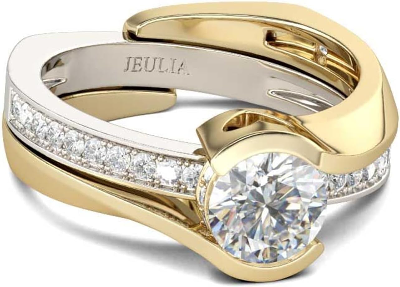 Jeulia 2.5 Carat Asymmetric Rings Women Round Cut Diamond Ring Set 14k Gold Plated Cubic Zirconia Engagement Rings Anniversary Promise Romantic Jewelry Gift