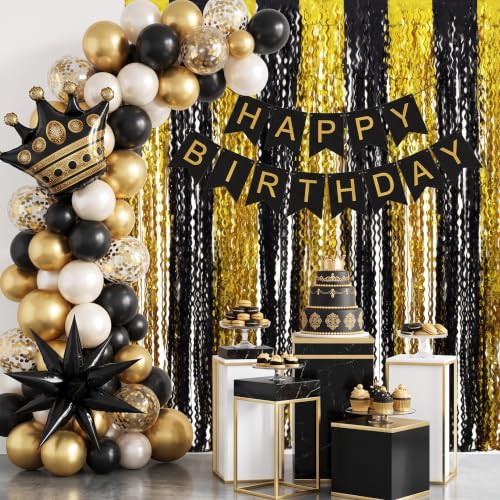 Image of TONIFUL 2Pcs Wavy Black Gold Metallic Tinsel Foil Fringe Curtains Streamers | 3.3ftx6.6ft Photo Booth Backdrop Tinsel Streamer Curtain, Props for Bachelorette Birthday New Year Graduation Christmas Decor