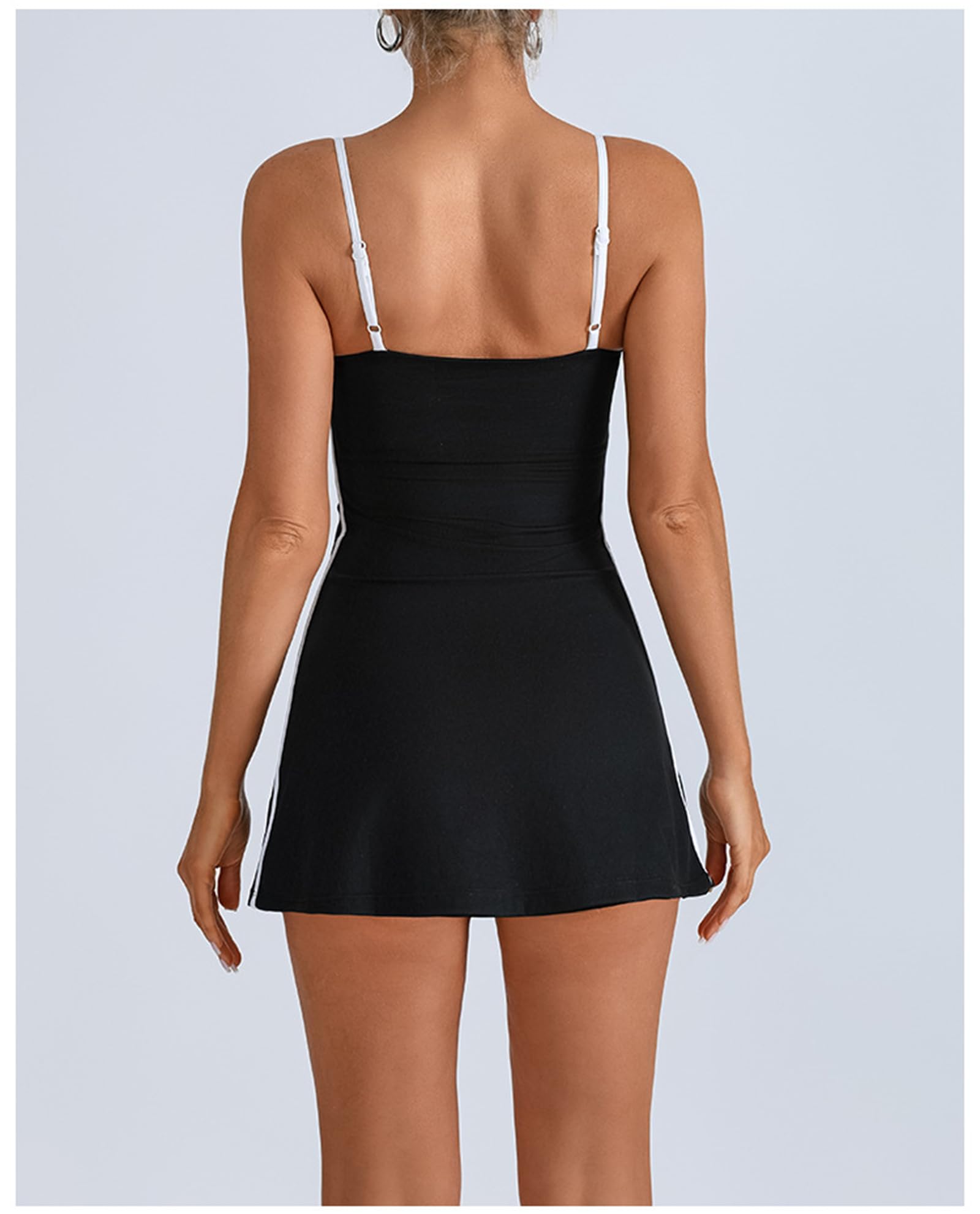 Robe de Tennis pour Femme avec Short intégré, sans Manches, col carré, Mini-Robe de Sport, Bretelles Spaghetti, Robe de Golf Colorblock