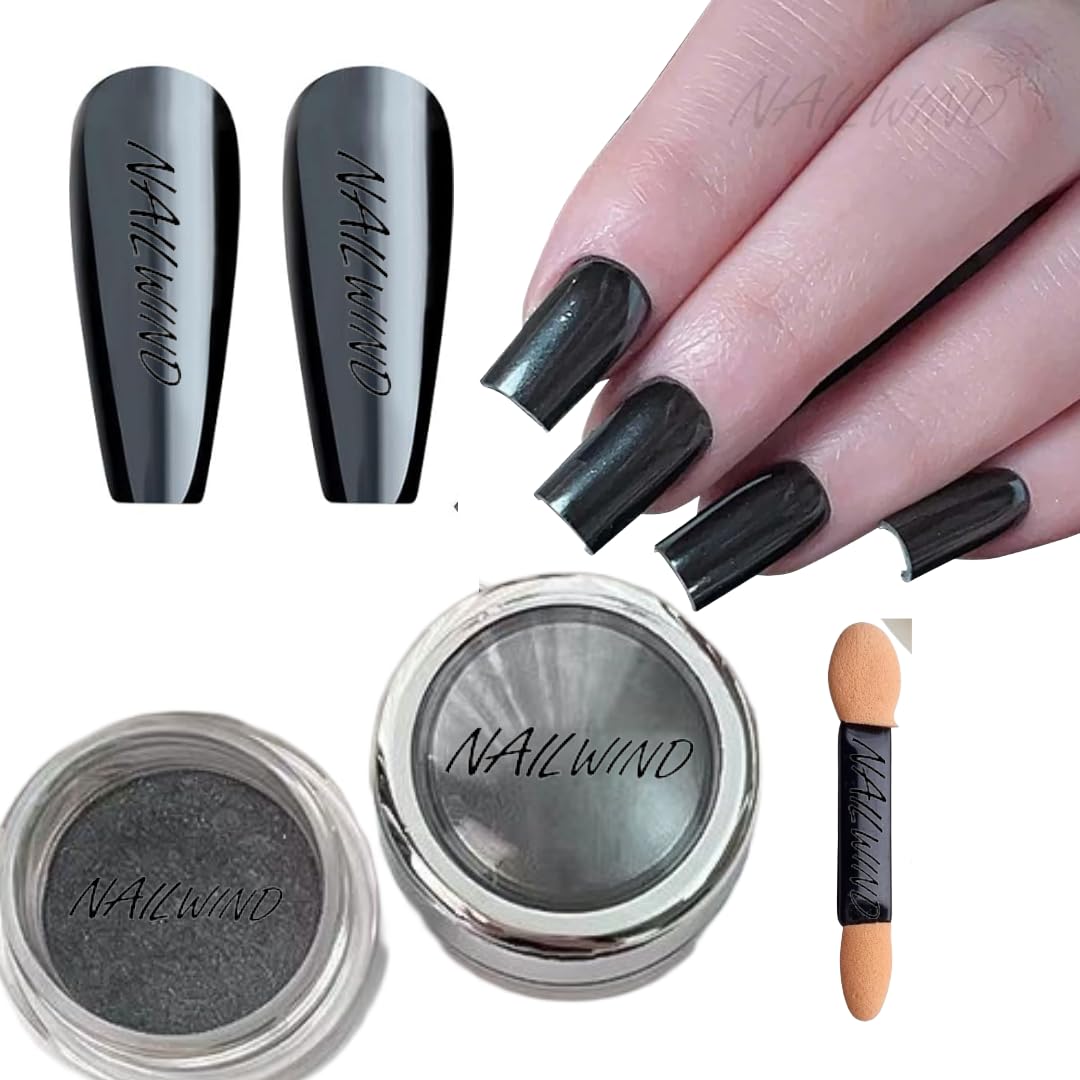 NAILWIND Nail Art Chrome Black Colors Powder Coating Powder, Mirror Black Nail Powder - Glossy, Glitter & Mirror Effect - DIY Nail Art Accessory with Metallic Pigments-image-45