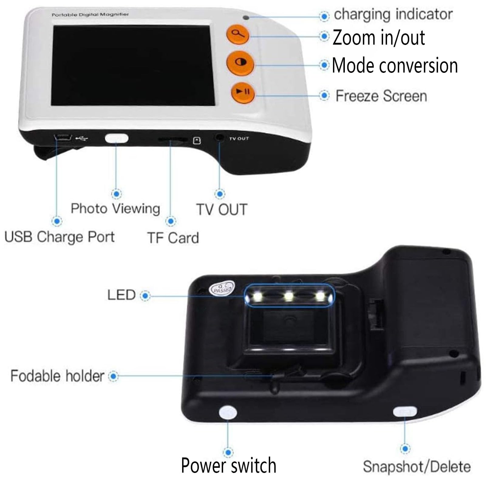 Cyfrowa lupa, elektroniczne pomoce do czytania dla osób niedowidzących, ręczne składane szkło powiększające 2X-25X ze światłem, dla osób starszych do czytania, pisania, przeglądania map,