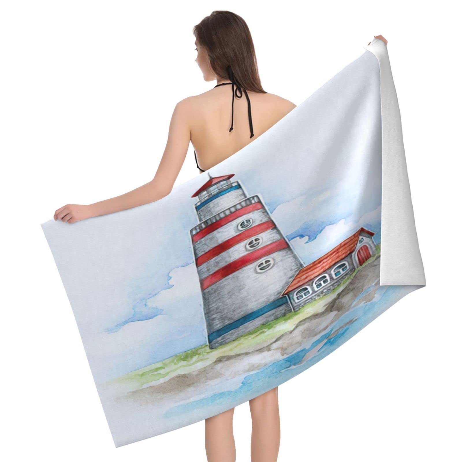 Lawenp Watercolor of Lighthouse Beach Towel, Lightweight Sand Free Quick Dry Microfiber Absorbent Bath Towel for Kids, Adults, Swimming, Bath, Yoga, Pool, Travel, Camping 32"X52"