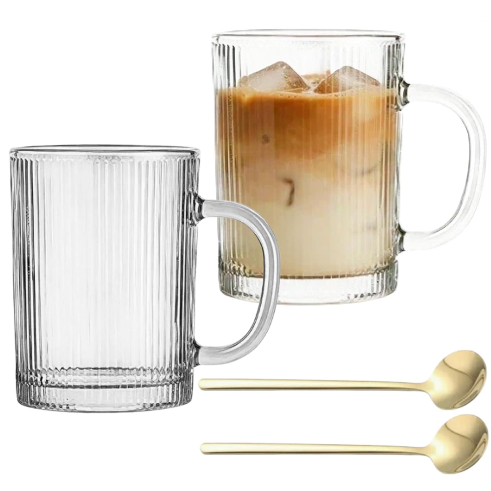Ribbed Glass Coffee Mugs Set, 2-Pack 350ml Borosilicate Ribbed Cups with Handle for Hot and Cold Beverages, Tea, Cappuccino, Macchiato, Milk, Juice,Mugs with Handle