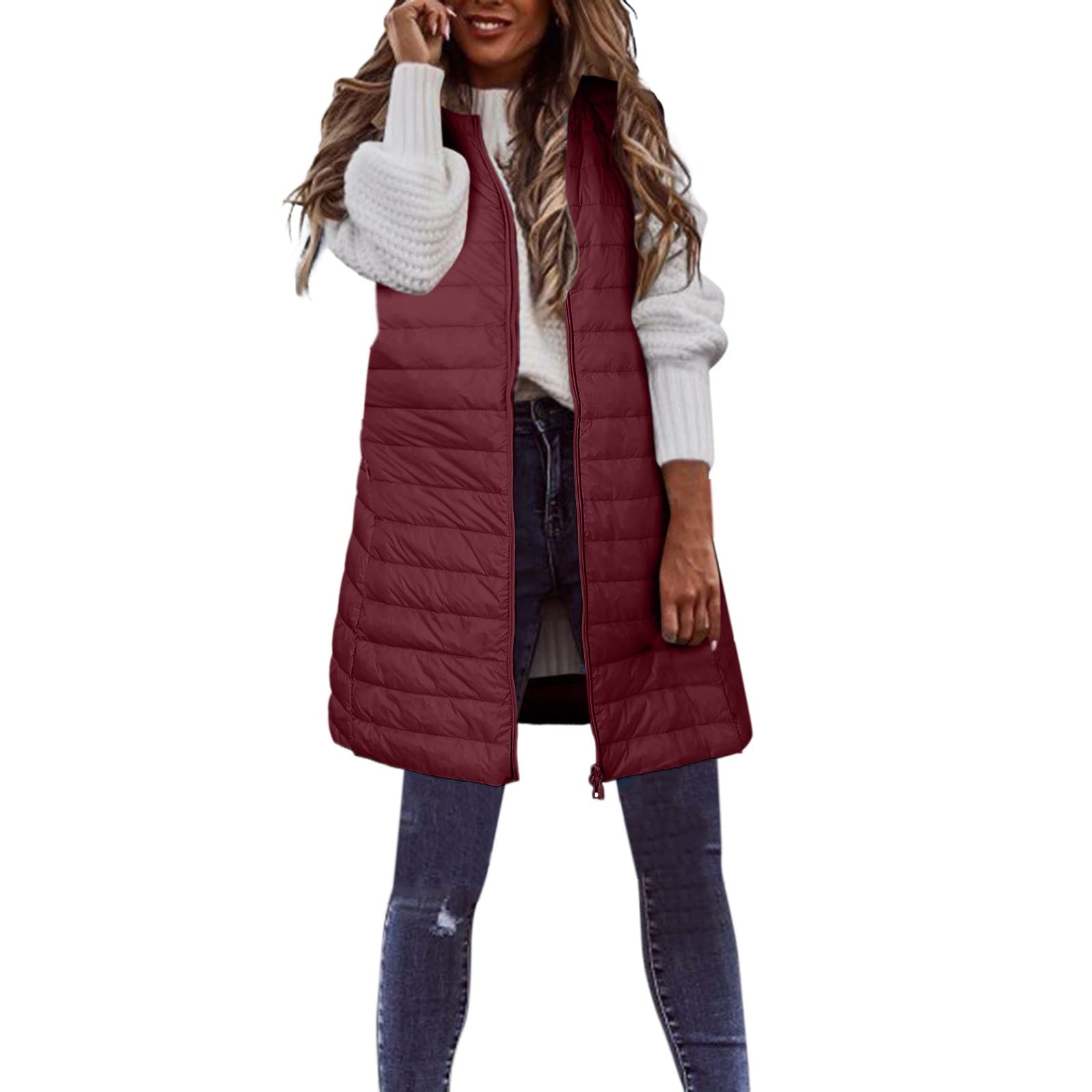 Generisch Piumino da donna, taglie forti, lungo, invernale, sottile, leggero, con tasche (rosso, XL)