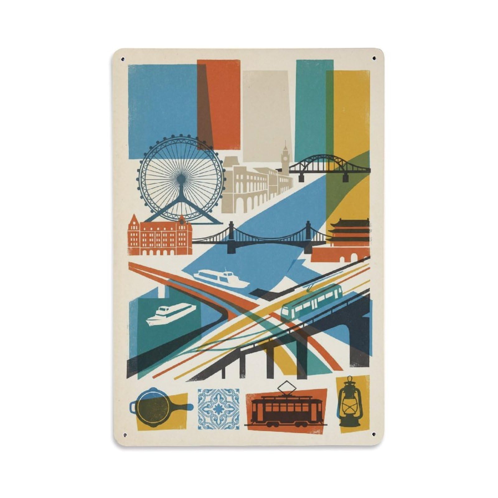Okngb Style China Tianjin Vintage Travel Bridge Route Cityscape Metal Tin Sign Plaque Wall Decor For Cafe, Man Cave, Club Bar, Office, Home Garden Round Metal Poster 8X12inch