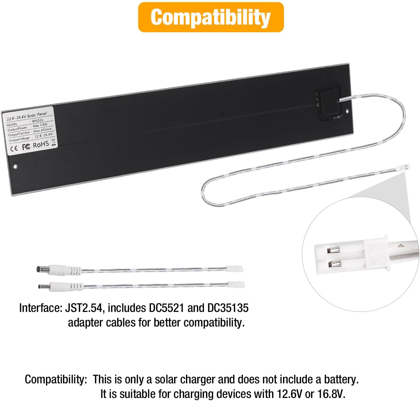 12V/6W Solar Panel for Electric Roller Shutters, Pergola Screen, Window Shade, LED, Ring Camera for 11.1V - 16.8V 3/4String Rechargeable Lithium Battery Pack, JST, DC5.5 * 2.1, DC3.5 * 1.35 Port