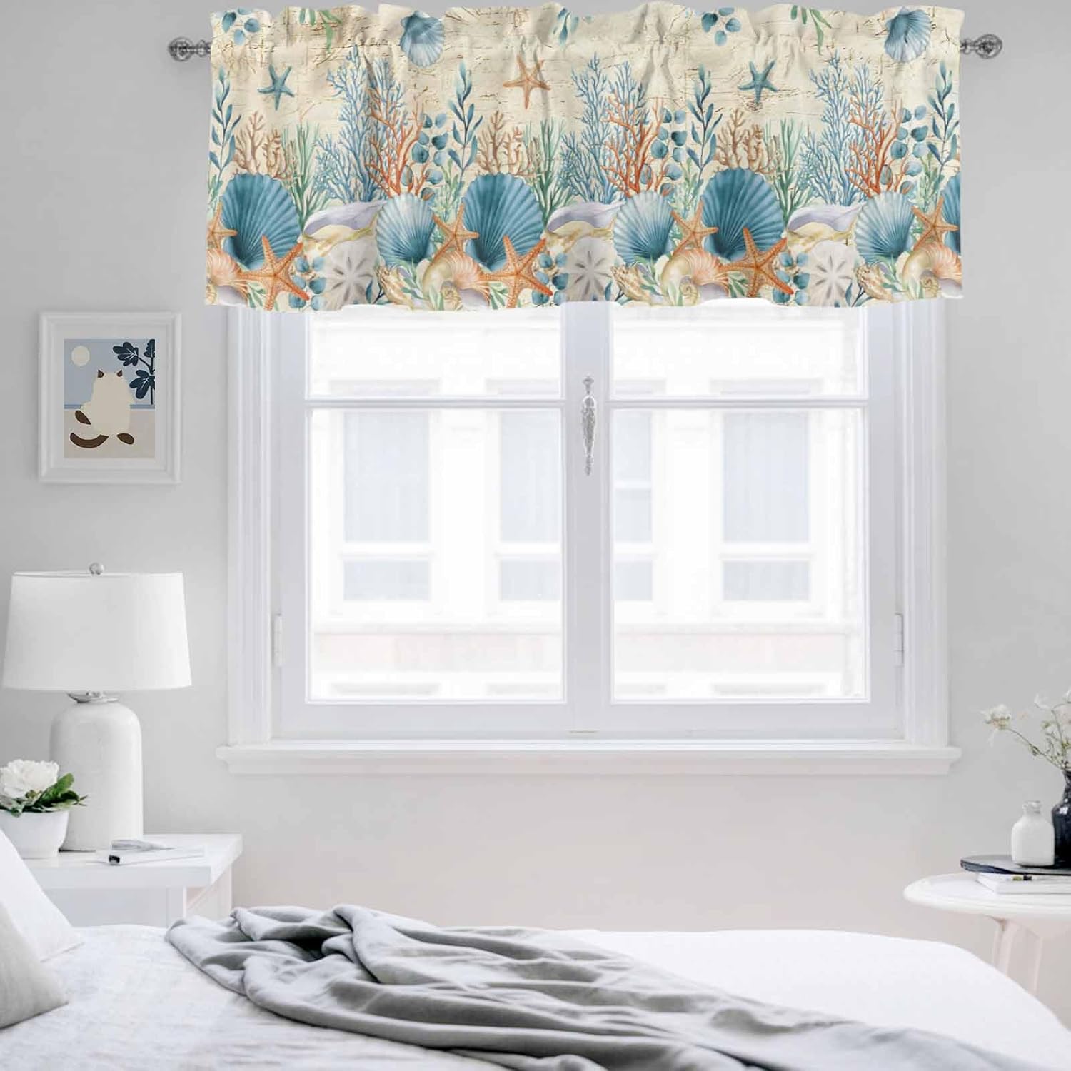 2 Pack Valances for Window, Teal Blue Coastal Short Curtains for Kitchen Bedroom Living Room, Summer Beach Starfish Shell Coral Nautical Retro Window Treatment Valance Drapes 42x18 Inch