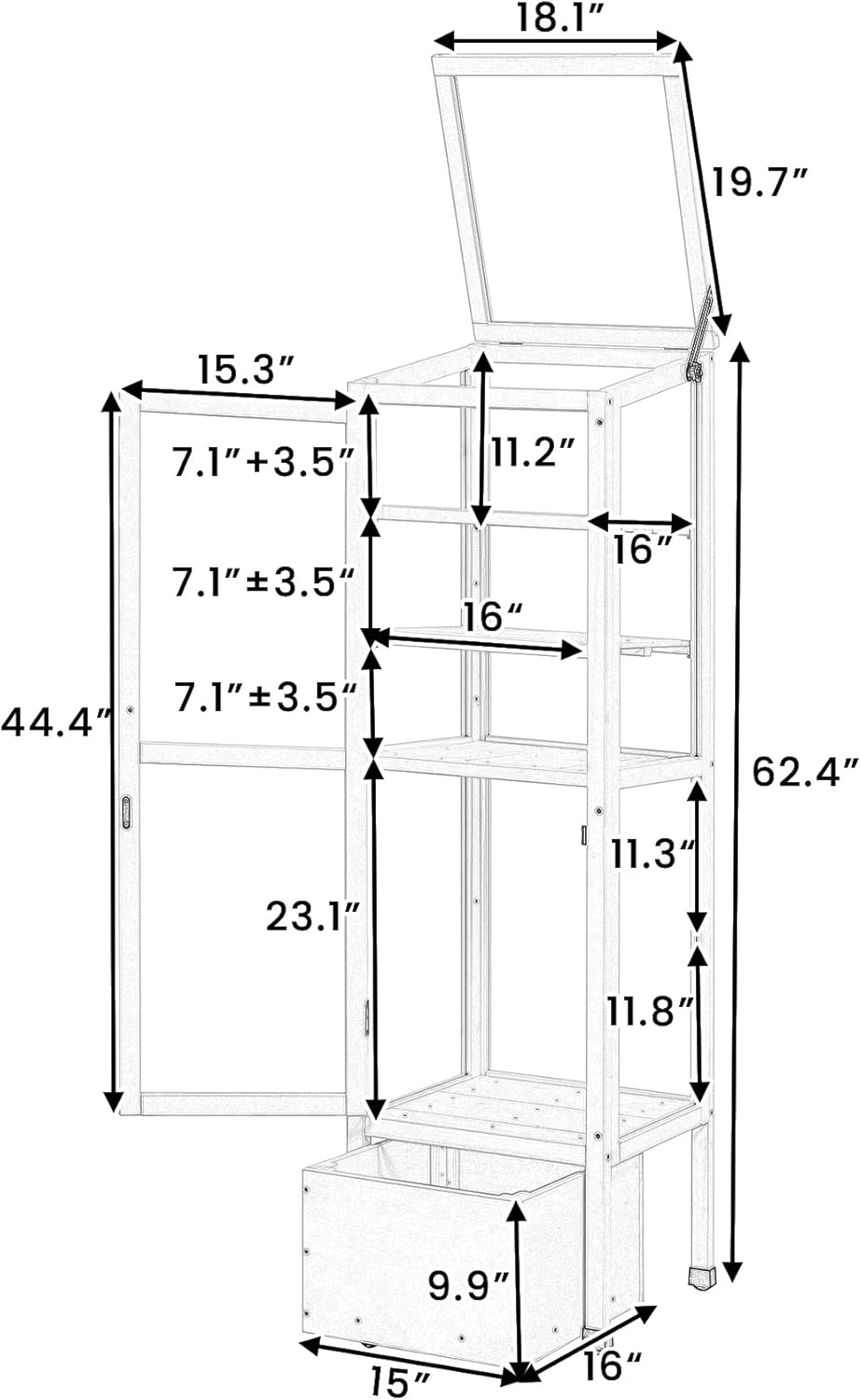 62.4inch Height Wood Garden Greenhouse Balcony Portable Mini Cold Frame with Movable Storage Box and Adjustable Shelves for Outdoor Indoor Use Black