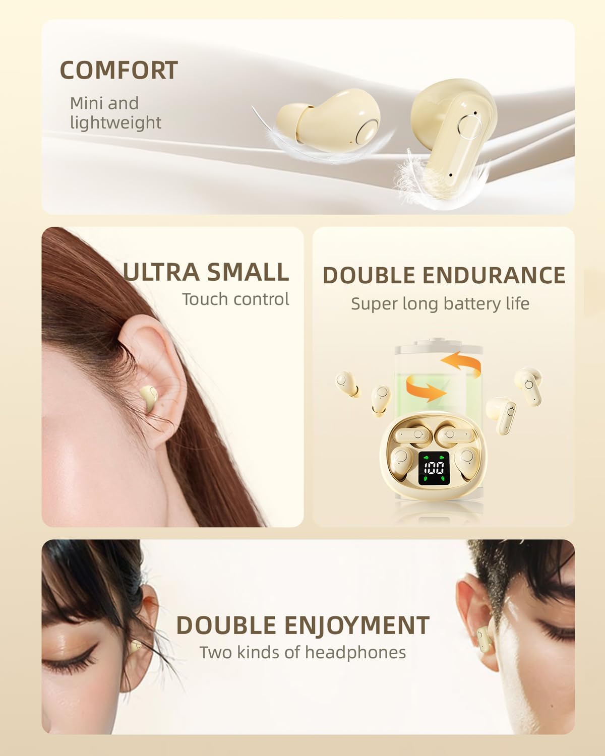 2 pares de mini auriculares invisibles pequeños inalámbricos Bluetooth para dormir, auriculares ocultos para dormir, microauriculares más pequeños y discretos de perfil bajo, auriculares para canal